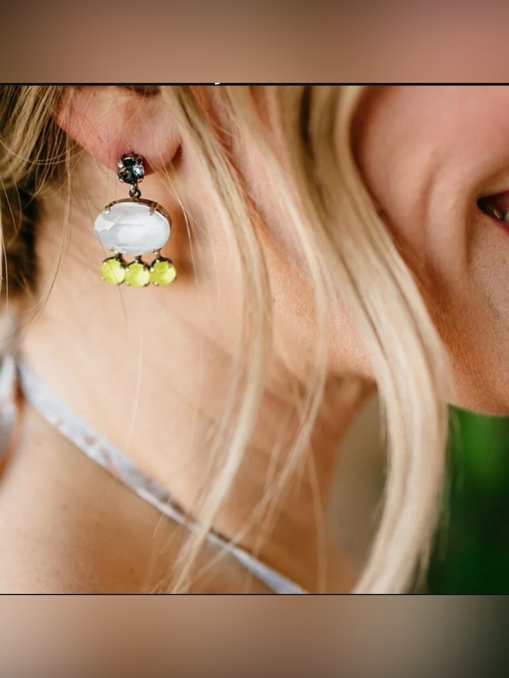 TOVA crystal ~ White soft blue and dangling lime green stones Drop Earrings